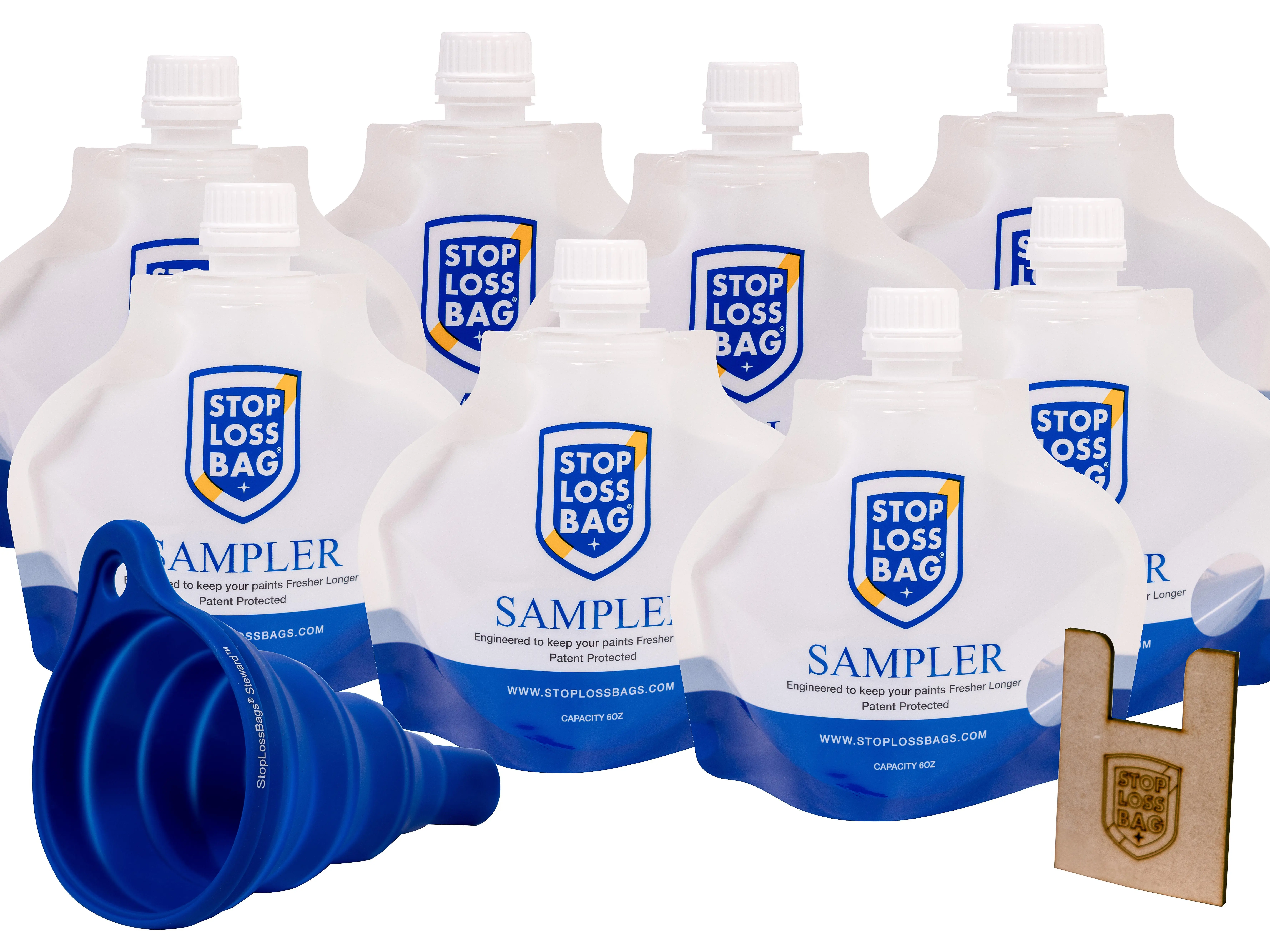 StopLossBags 8-Pack Airtight 3-Ply Plastic Paint Saver Sampler Pouches Kit - Eco-Friendly, Leak-Proof, Resealable 6oz Stand-Up Home Supplies Storage Bags with Funnel, Filler Clip, Lid for Homeowner Kitchen, Garage DIY Balloon Projects