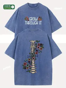 230g Washed Cotton Unisex T-Shirt - Dual-Sided GROW THROUGH IT & Floral Print, Retro Vintage Loose Fit Short Sleeve Top for Men & Women, Spring Summer Casual Wear boyfriend tees