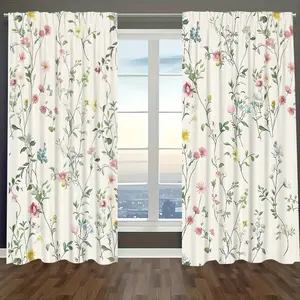 2 pieces of small floral patterned semi-transparent curtains, rod bag curtains, suitable for living room, bedroom and home decoration - machine washable, hookless