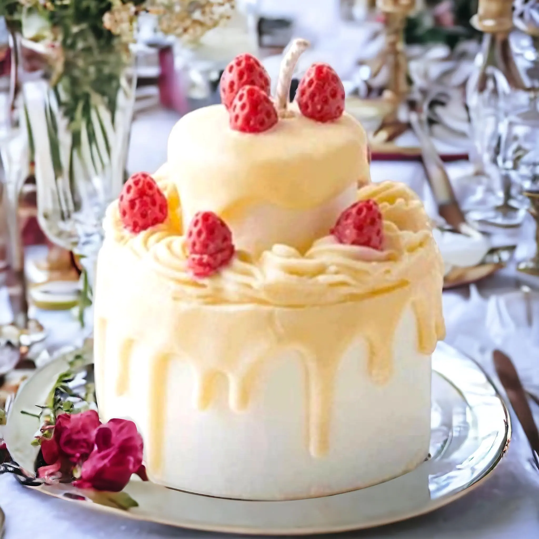 Salted Caramel Cake Candle with Strawberries Two-Layer Heat-Safe Premium Soy Beeswax Blend 40 Hours Burn Time Luxury Gifting High Tea Tables