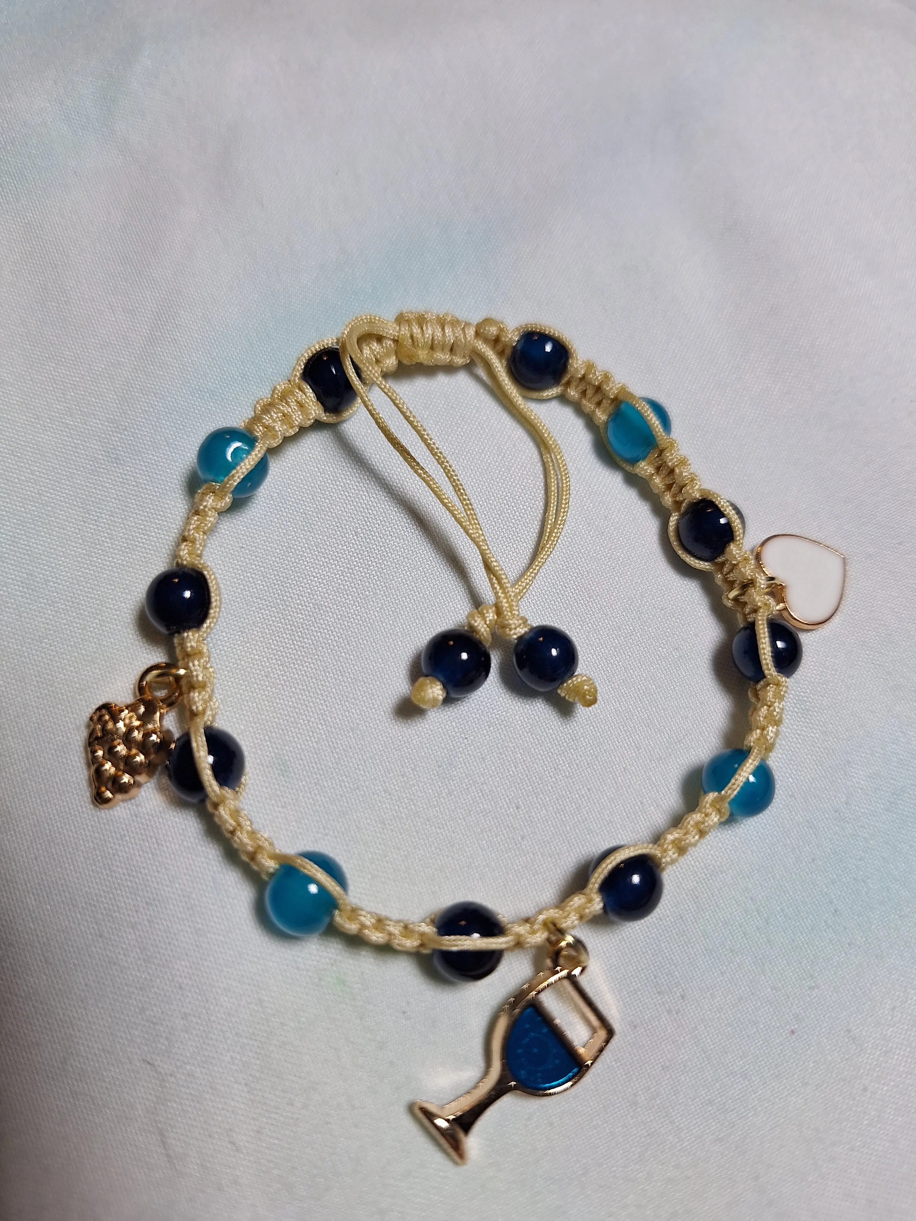 Handmade Macrame Bracelet - Blue Wine Lover's with Wine Glass, Heart & Grape Charms