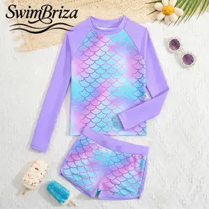 Briza｜Girls Long Sleeve Tankini Swimsuits Set Lavender Mermaid Scale Print, 2 Piece Bathing Suit with Swim Shirt and Shorts, Two-Piece Swimsuit for Pool Beach Summer Vacation, Girls Swimwear, Kids Bathing Suit, Tankini Swimsuit Set