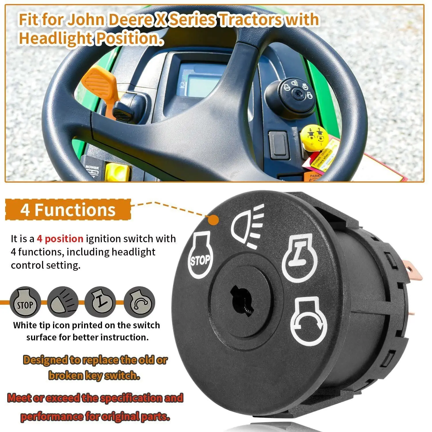 100% Brand New 4-Position Ignition Switch for John Deere X360,X370,X380,X384,X390,X500,X520 - Snap-In, Tool-Free Easy Installation, Built-In Water & Dust Shield, Headlight Control Setting, W/ 2 Keys, Built-In Water And Dust Shield