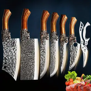 [High-quality set] Kitchen knife set 8 pieces, handmade forging hammer pattern process, a variety of styles, suitable for home professional chefs, vegetable, beef knives.