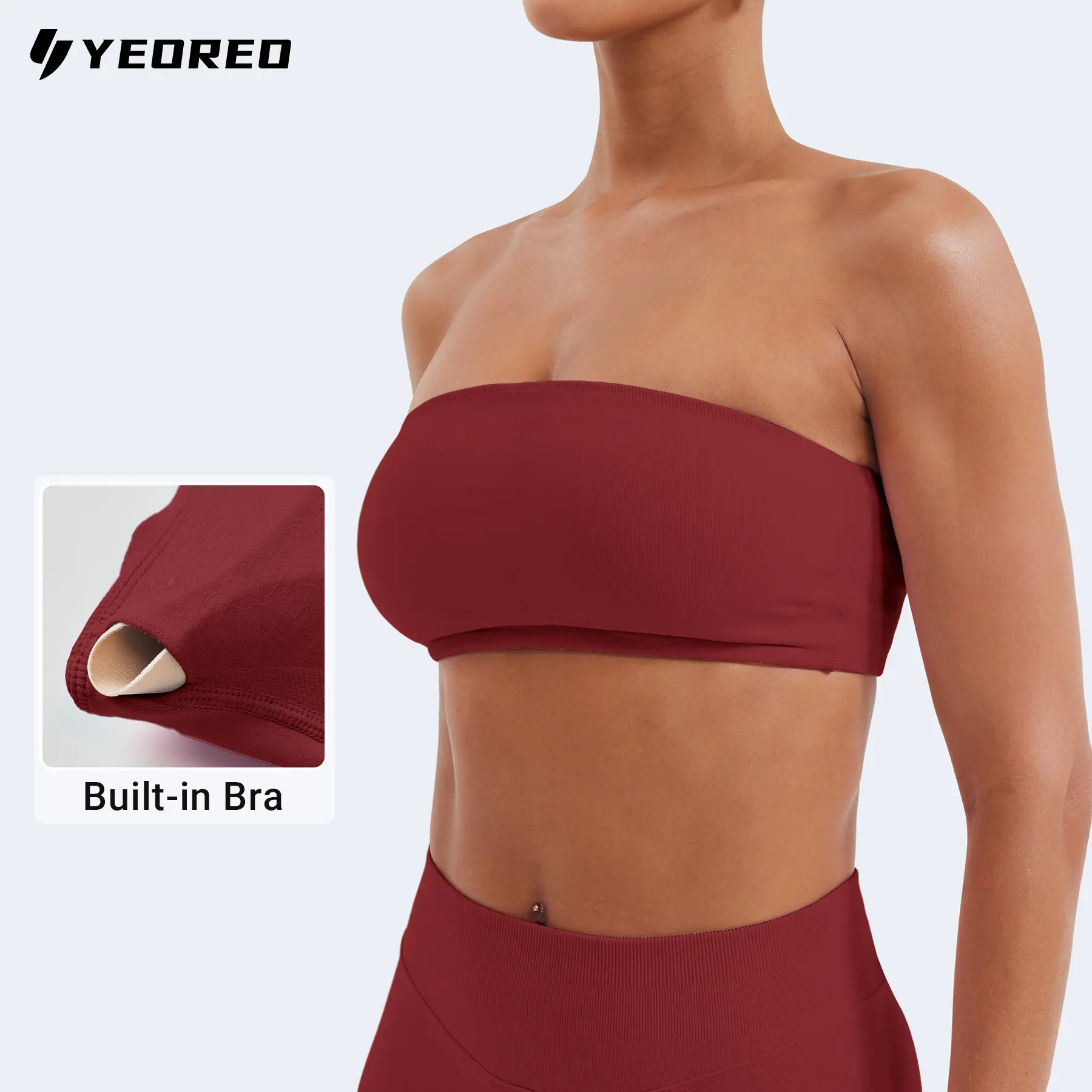 YEOREO CoreFlex Women's Strapless Wireless Padded Running Sports Bra - Strapless Bras for Workout Gym, Crop Top Activewear with Seamed/Seamless Twill, Silicone Grip Edge, Breathable Sweat-Wicking Knit, High Elasticity, Ribbed Texture