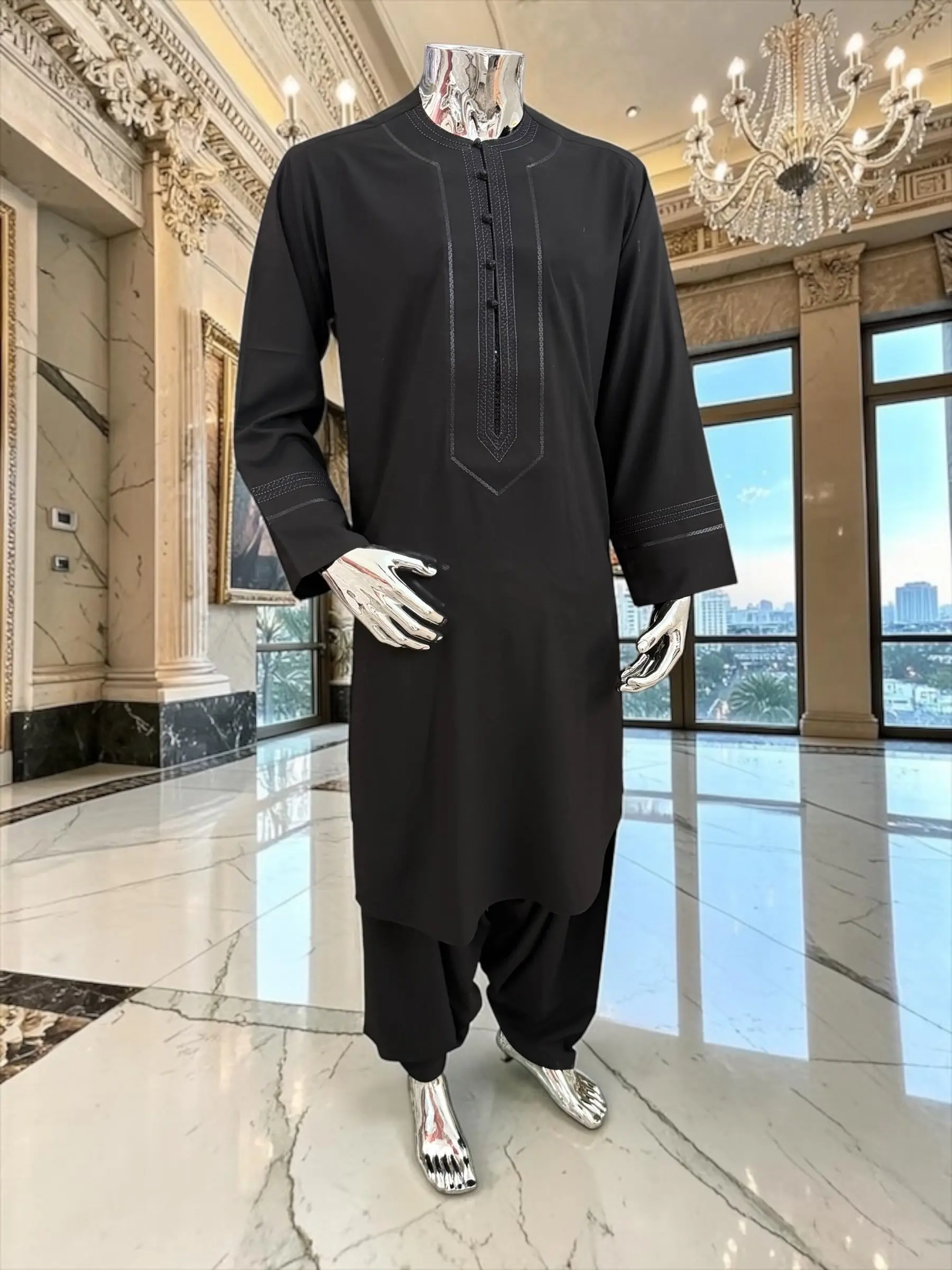 Large Black Embroidered Parahan Tunban for Men – Premium Afghan Traditional Kameese Shelwar Outfit