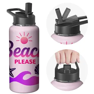 Stainless Steel Water Bottle with Flip Lid - Pink Gradient Beach Theme Beach Please Print with Sun, Waves, and Starfish Design - Ideal for Summer Outdoor Activities and Travel