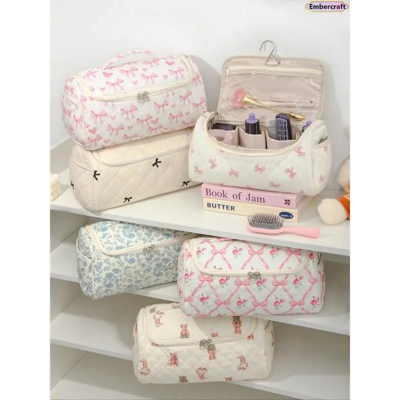 Women's Elegant Quilted Makeup Bag - Large-Capacity Floral Print Travel Organizer with Multiple Pockets for Toiletries, Hair Dryer Storage, All-Seasons Fashion Accessory, Zipper