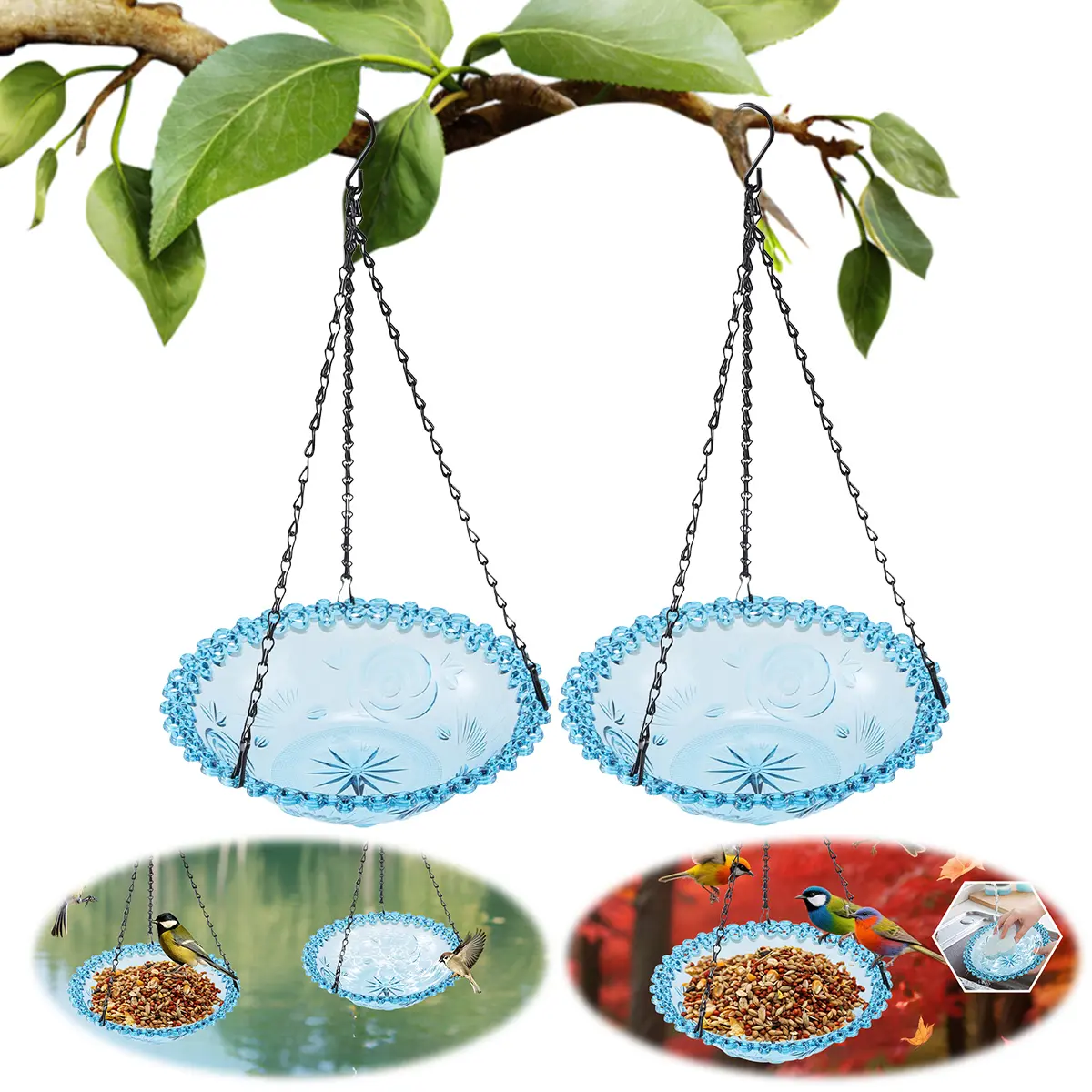 2PCS Decorative Blue Plastic Multi-Use Bird Feeder & Bath Tray, Durable Outdoor Feeding Tool with Hanging Chain, Garden Decor for Bird Lovers, Birthdays