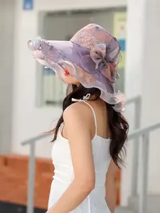 Elegant Wedding Bridal Fascinator Hat for Women, Organza Sun Hat with Flowers, Large Wide Brim Tea Party Dress Hat, Kentucky Derby Cap