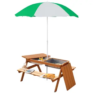 Kids 3 in 1 Sand and Water Table, Wooden Outdoor Convertible Picnic Table with Umbrella and Storage Inside, Bench Backyard Furniture for Garden, Patio, or Balcony