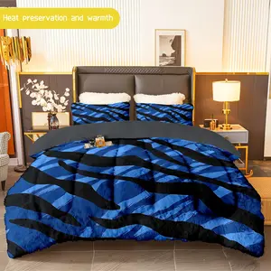 3pcs (1 comforter + 2 pillowcases) Blue Zebra - print Flannel & Milk - fleece Comforter Set, Soft Warm Bedding Set for Adults, Cozy Milk - fleece Quilt Set, Trendy Bedding Essentials