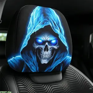 2 PCS Gothic Style Blue Glowing Reaper Skull Print Car Headrest Covers, Universal Elastic Soft Headrest Protector, Spooky Hooded Skeleton Pattern Auto Seat Head Rest Covers for SUV, Truck, Sedan, Car Interior Decor