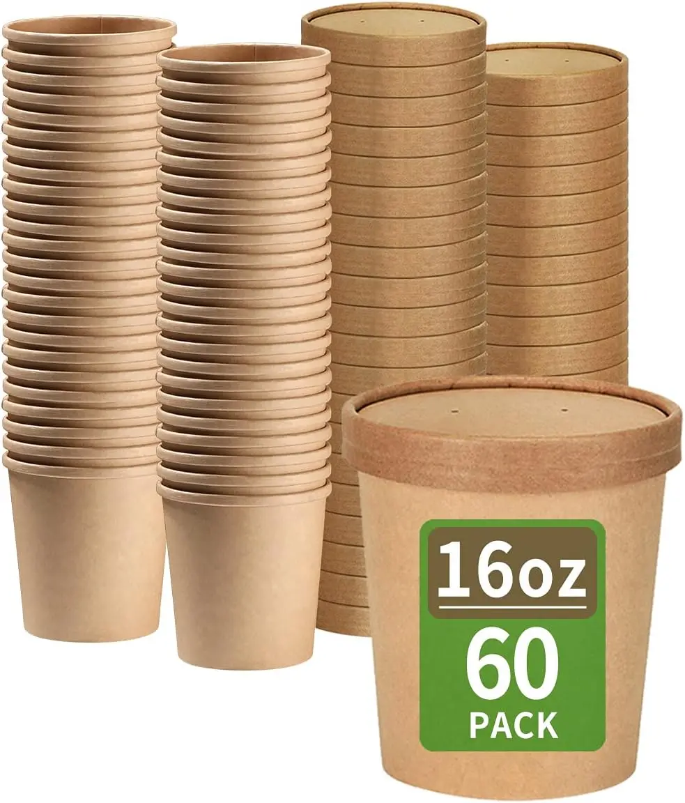60 Pack 16 oz Paper  Containers with , Ice Cream Pint Containers, 16 oz Disposable Soup Containers Paper Freezer Containers Pint Ice Cream Cups (60 Cups 60 )
