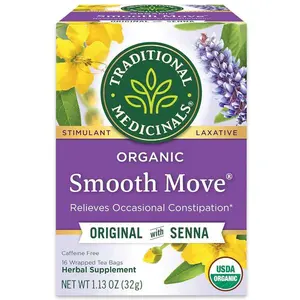 Traditional Medicinals Organic, Smooth Move Tea, Peppermint & Senna - Helps Relieve Constipation Overnight - Kosher, Non-GMO, Caffeine-Free, Compostable - 16 Tea Bags