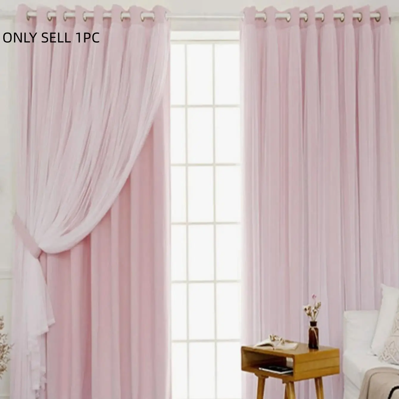 [Grommet Top] Vibrant Double-Layer Blackout - Light Pink Base + Sheer, Home Decoration Curtain, Home Decorative Curtain, Polyester Curtain, Grommet Curtains, Grommet Installation, Fits Princess Room/Girl's Bedroom/Living Room, Semi-Blackout Softens Light