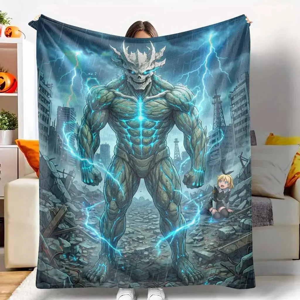 Electric Giant Monster Flannel Blanket Fantasy Apocalypse City Print Ultra Soft Lightweight Plush Throw Warm Cozy Bedding Perfect For Bedroom Camping Living Room Sofa Couch Travel Office Gift