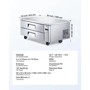 VEVOR ChefBaseRefrigerator, 52 W Commercial Chef Bases Worktop Refrigerators, 2-Drawer Under Counter Fridge with 8 Pans Stainless Steel, Heavy-Duty Refrigerated Base, Invisible Door Handle