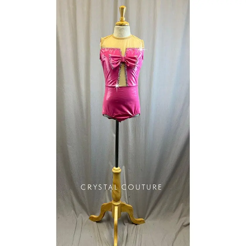 Pink Latex Leotard with Bow -Rhinestones