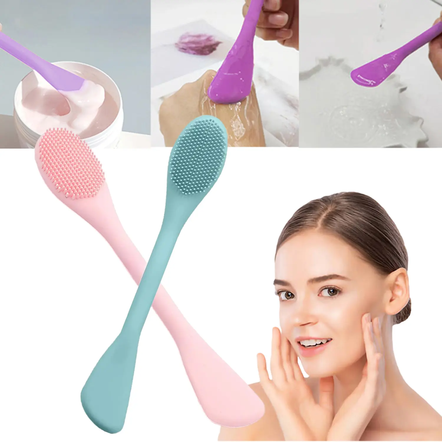 2-in-1 Silicone Facial Cleansing Brush, Dual-ended Mask Applicator & Exfoliating Face Scrubber, Reusable Soft Silicone Skin Care Tool for Mask Application, Blackhead Removal, Massage and Makeup Removal