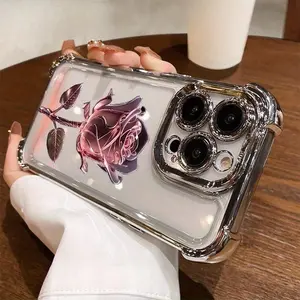 Pink Rose Electroplated Pattern TPU Phone Case Drop Proof Non Slip for iPhone 17 16 Pro Max 15 Plus 14 13 12 11 Samsung Galaxy S25 Ultra S24 S23 FE S22 Gift for Boys Girls