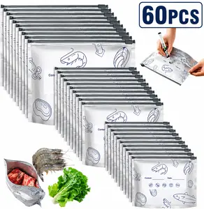 [30/60 Pack] 3 Sizes Reusable Sealable Waterproof Food Storage Bags, Stand Up Foil Bags with Labels & Zipper Lock for Standard Kitchen Tools and Meal Prep, Storing Vegetables, Fruits, Meat, Nuts, Snacks and More