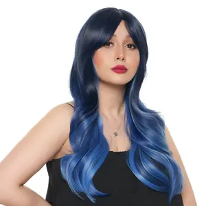 22-inch Electric Blue Sombre (Blackwash Darker Blue Crown) Soft Layered Waves w/ Face-framing Curtain Bangs Synthetic Wig | Heat ResistantCap Included |