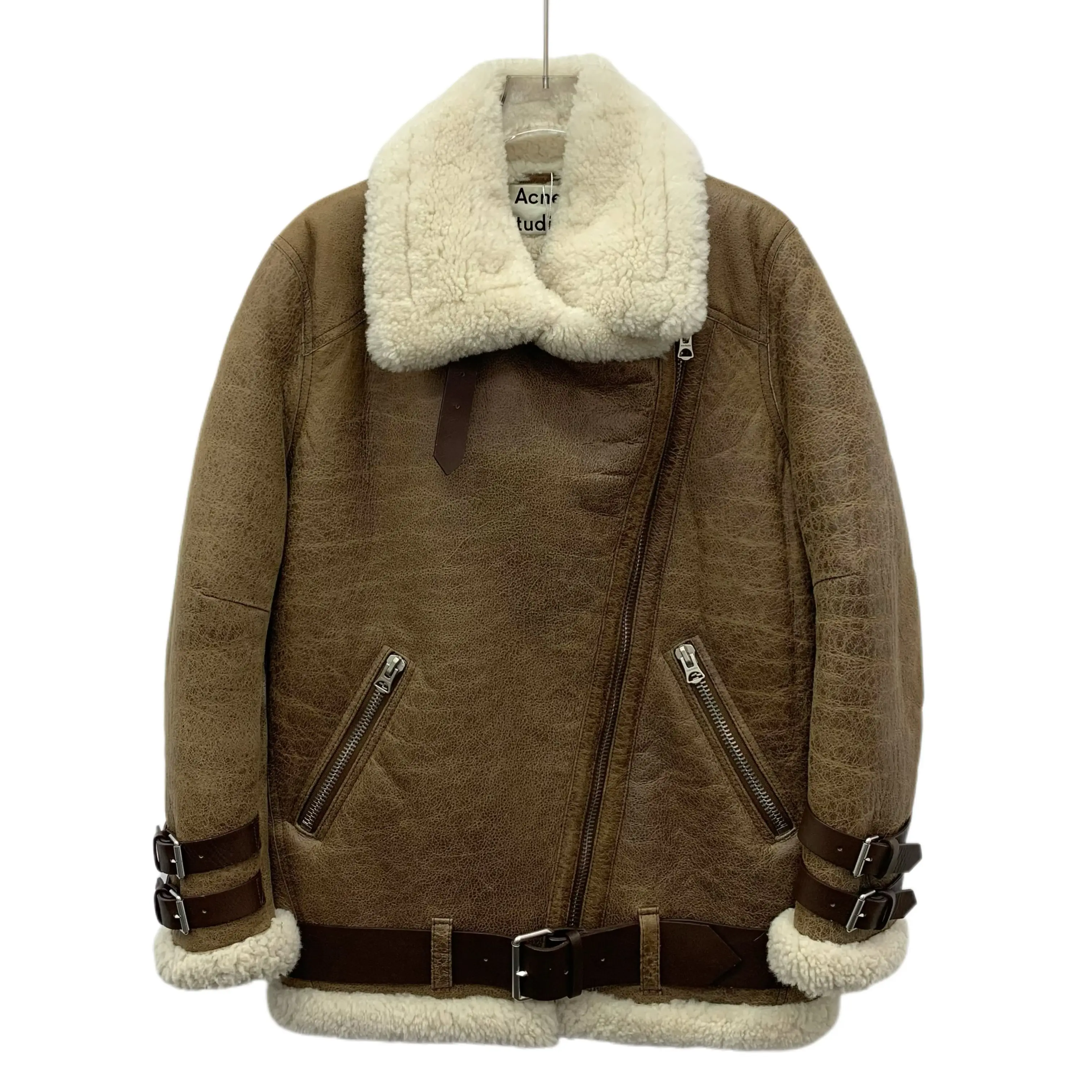 RDLT-Acne Studios Size 32 Dark‑Brown Buckle‑Design Sheepskin Zip‑Up Shearling Jacket-H31736