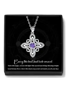 Witches Knot Purple CZ Birthstone Charms Necklace With Blessing Message Card, Celtic Cross Witch Necklace for Women, Amulet Jewelry Gift for Wife Girlfriend Mom Daughter