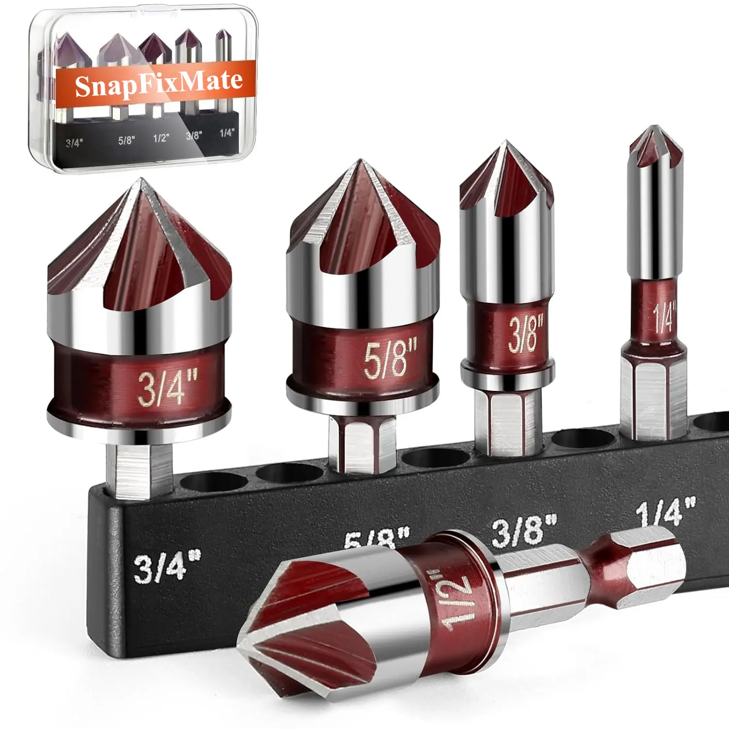 GJANSH5PCS Countersink Drill Bit Set, Premium Drill Bit with 82-Degree, 5 Flutes, Quick-Change Hex Shank, 1/4 Inch to 3/4 Inch Size, Counter Sink Bits for Wood, Metal, Plastic