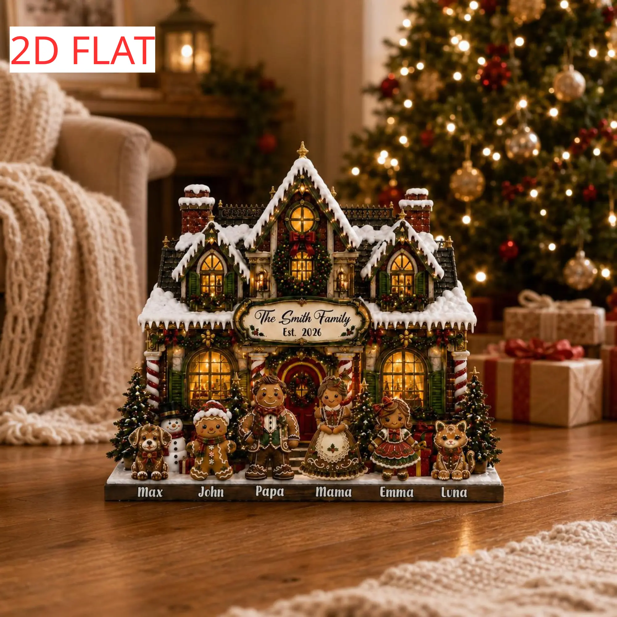 2D Flat Personalized Gingerbread Family Christmas Family Sign, Gingerbread Village Wooden Block, Holiday Table Display, Family Holiday Keepsake