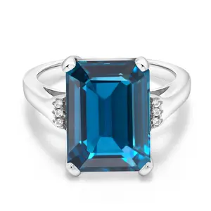 Gem Stone King 9.57 Cttw London Blue Topaz Ring For Women | 925 Sterling Silver | Emerald Cut 14X10MM | Gemstone Birthstone | Wedding Engagement Anniversary Promise Ring For Women