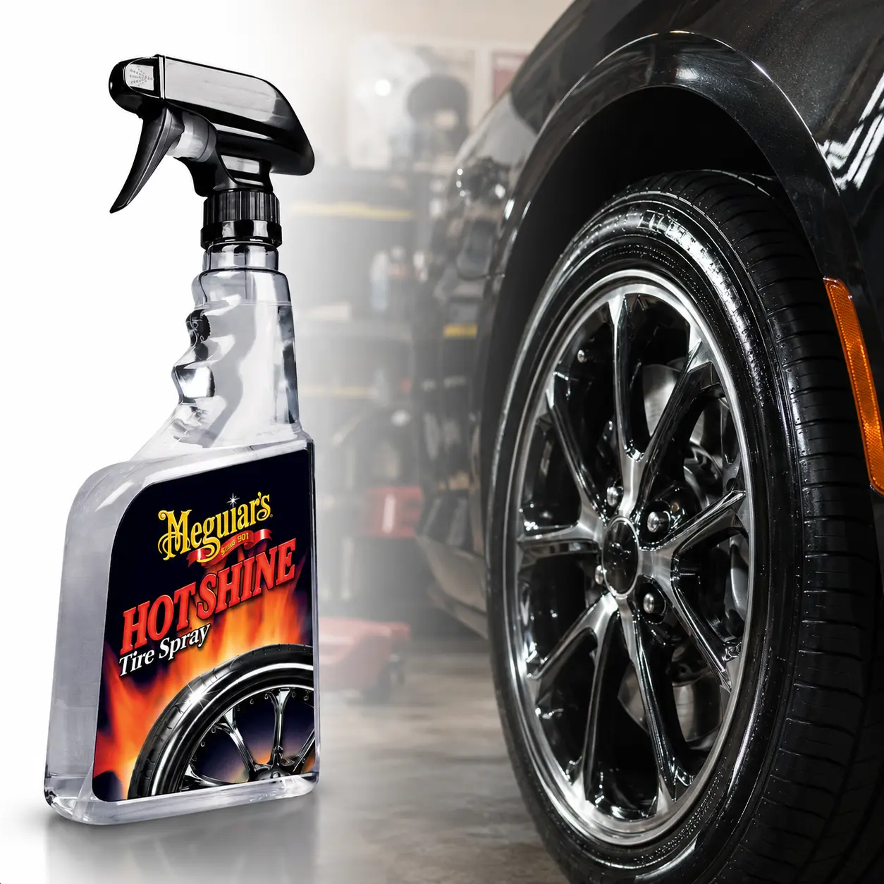 Meguiar's Hot Shine Tire Spray, high gloss tire dressing, wet look shine, deep black finish, water resistant polymers, silicone polymers, self spreading formula, no streaks, uniform finish, long lasting shine, easy trigger spray, car detailing, truck, SUV