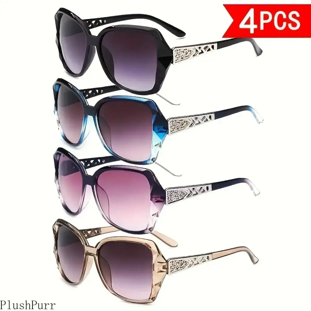 Summer sun protection glasses four-piece set, Y2K classic retro elegant large frame hollow temple design, trendy and fashionable, Pc, Polycarbonate tiktokshopbacktoschool