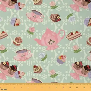 Retro Upholstery Fabric by The Yard,1 Yard,Retro Style Tea Cups Floral Reupholstery Fabric,Royal British Tea Time Waterproof Fabric,Bake DIY Fabric