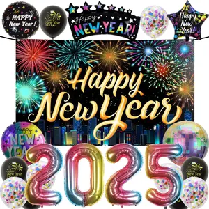 New Years Eve Party Supplies 2025, Happy New Year Decorations 2025, Rainbow Black Happy New Year Banner, Latex Confetti Balloons, 2025 Foil Balloons, 2025 New Year Eve Photography Background