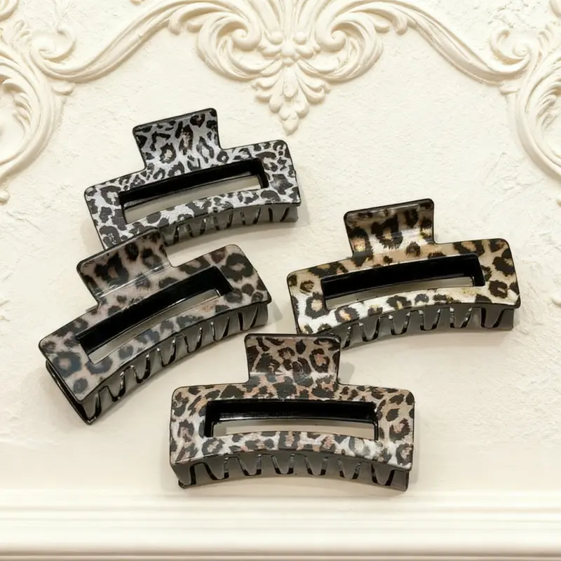 4pcs Leopard Square Hair Claw Clips for Women, Glossy Minimalist Design, Cute Hair Accessories for Daily Fall Winter Gift