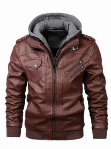 Men's PU Leather Zipper Wallet Jacket, Hooded Casual Streetwear Motorcycle Coat, Stylish Vintage Versatile Outerwear