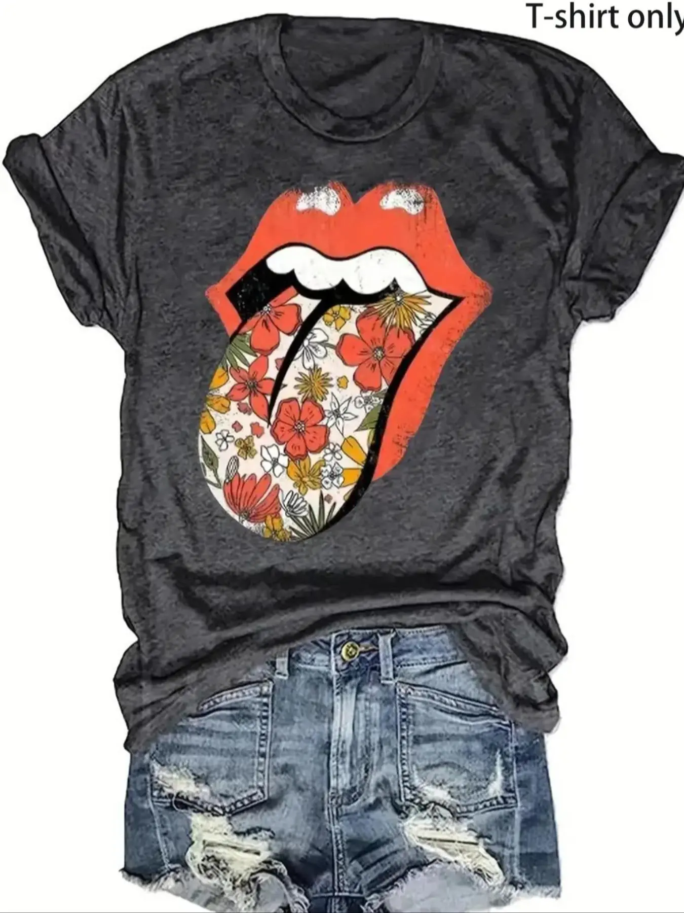 Women's Cartoon Themed Round Neck Floral Graphic Print Tee, Fashion Casual Streetwear Short Sleeve T-shirt for Daily Wear, Ladies Summer Clothes, Womenswear Top