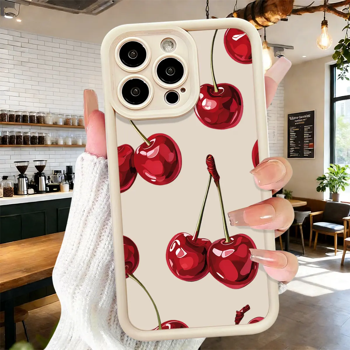 Stylish Cherry Fruit Pattern Aesthetic Phone Case for iPhone 17 16 15 14 Pro Max 13 12 11 XR XS Plus Air Slim Anti Drop Shockproof Durable Anti Scratch Soft TPU Cover