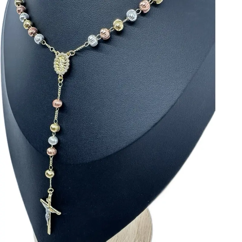 Tricolor Gold-Plated Rosary Necklace, 24-Inch Length, Virgin Mary and Cross Pendant