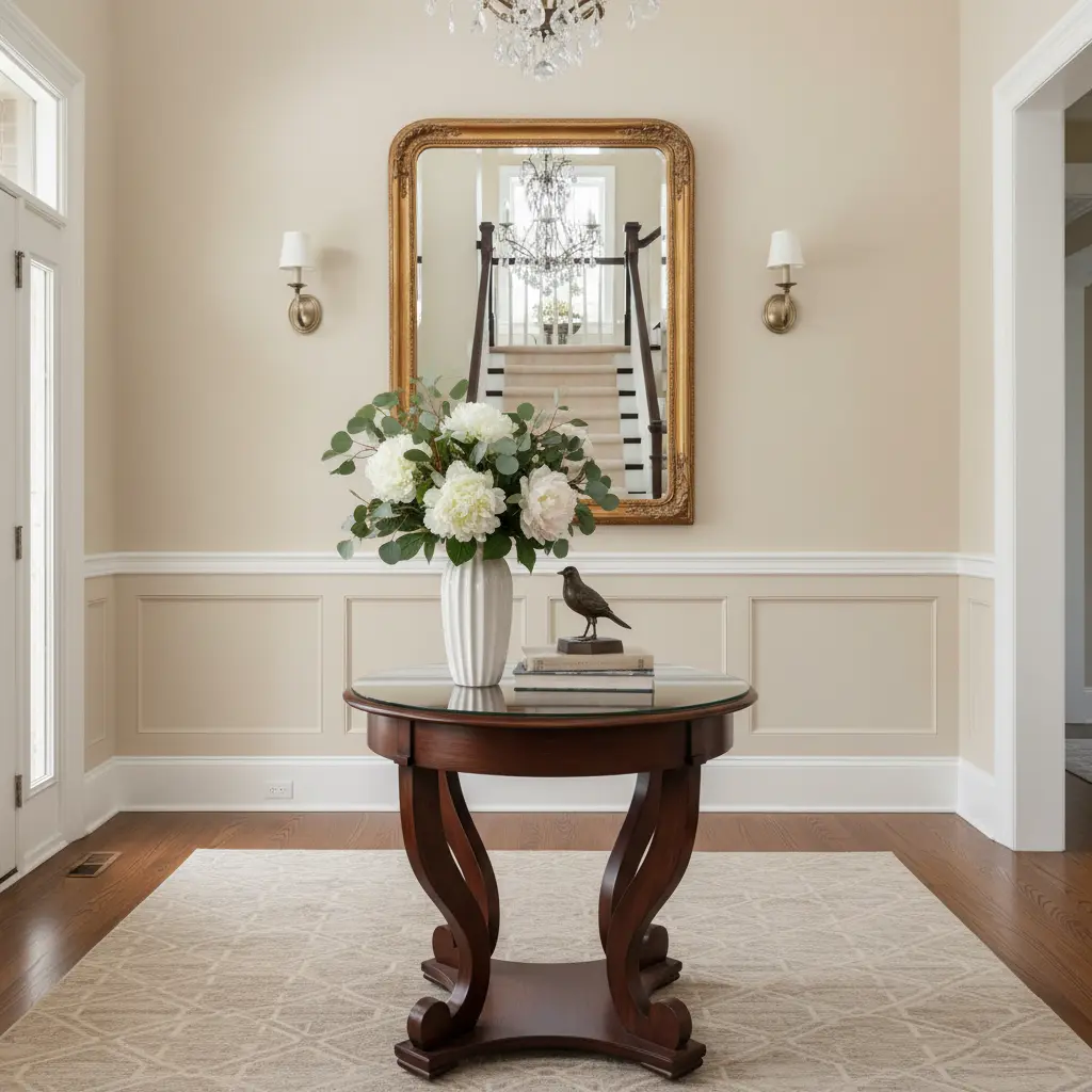 Vintage Regency Style Round End Table with Sculptural Lyre Base and Glass Top