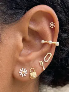 6Pcs Lovely 24K Gold Plated Pearl Cuff Earrings Set For Women Zircon Flower Earrings Pack Stud Earrings Stack