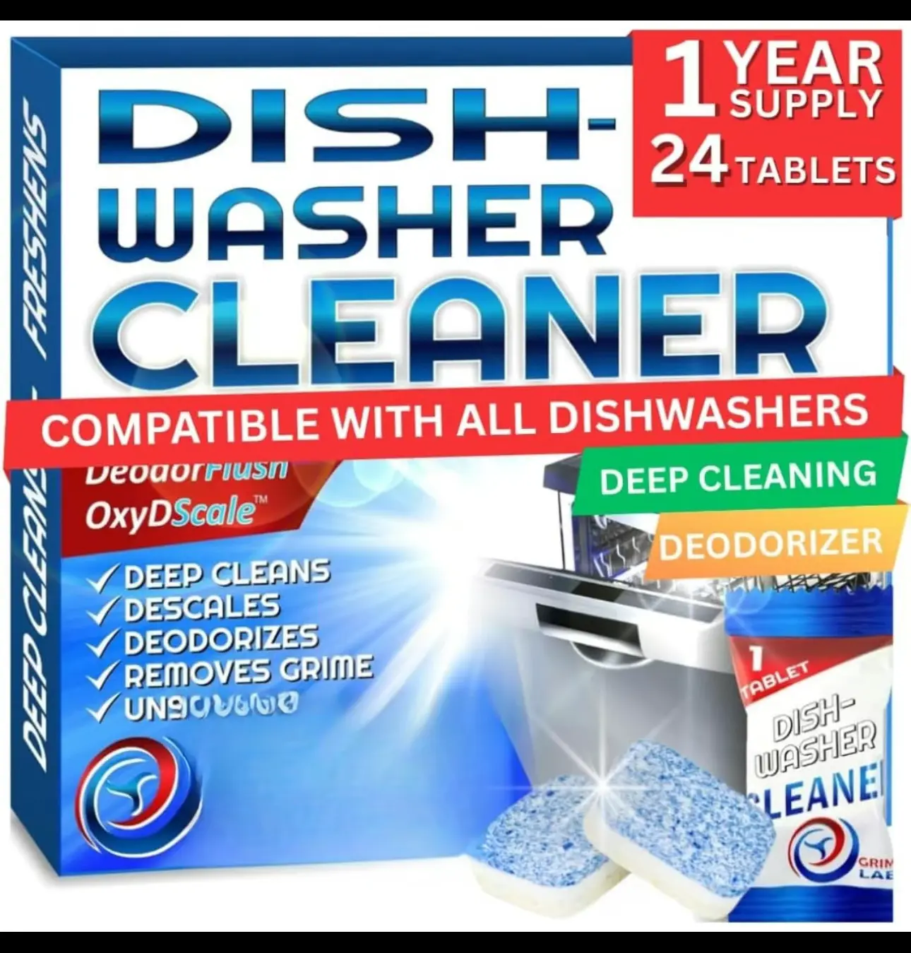 GRIME LABS Dishwasher Cleaner Tablets 24 Pack Heavy Duty Deep Clean & Natural Limescale Remover Compatible with All Dishwashers 1 Year Supply