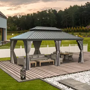 Domi Outdoor Living 12’x18’ Hardtop Gazebo, Wooden Coated Aluminum Frame Canopy with Galvanized Steel Double Roof, Outdoor Permanent Metal Pavilion with Curtains and Netting for Patio, Deck and Lawn