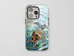 Sea Turtle Phone Case – Stained Glass Ocean Wave Design, Cute Phone Case, Gift for Women, Mom, Sister, Friend, Him/ Her, Birthday - iP Xr, 11, 12, 13, 14, 15, 16, 17, S21, 22, 23, 24, 25 - Tough Case, MagSafe, Phone Case