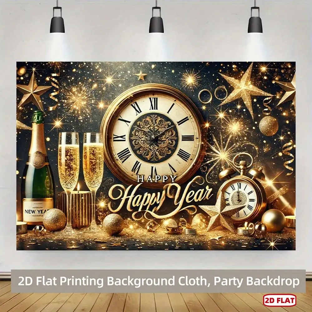 1pc Elegant Black & Golden Polyester Backdrop Banner, 2D Flat Printing Decor with Glittering Golden Balloons, Confetti, Champagne Design - Reusable Festive Party Supply for Birthday, Weddings, One-Piece, Parties