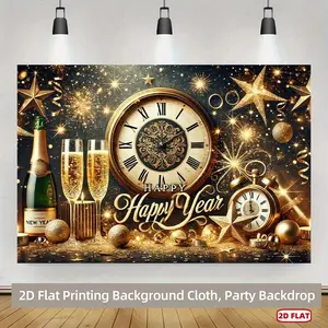 2D Flat, 1pc Elegant Black & Golden New Year's Eve Backdrop Banner with Glittering Golden Balloons, Confetti & Champagne Design - Reusable 2D Flat Printing Party Decorations for Weddings, Birthd