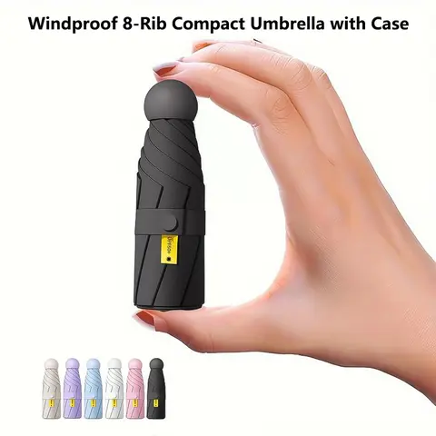 Folding Windproof Compact Umbrella with Rubber Case - 8-Rib Fiberglass & Stainless Steel Reinforced Ribs, 6.9" Folded Mini, 35.4" Diameter, 40" Arc, UPF 50+ Full UV-Blocking Canopy, Lightweight for Purse/Travel, Small Business Essential, Perfect Gift Idea