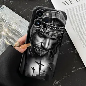 Jesus Cross Pattern Phone Case , Soft Silicone, Fully Protected and Shockproof Cover For iPhone 17 16 15 Pro Max 14 13 12 11 X Plus Air Mini 16E Black